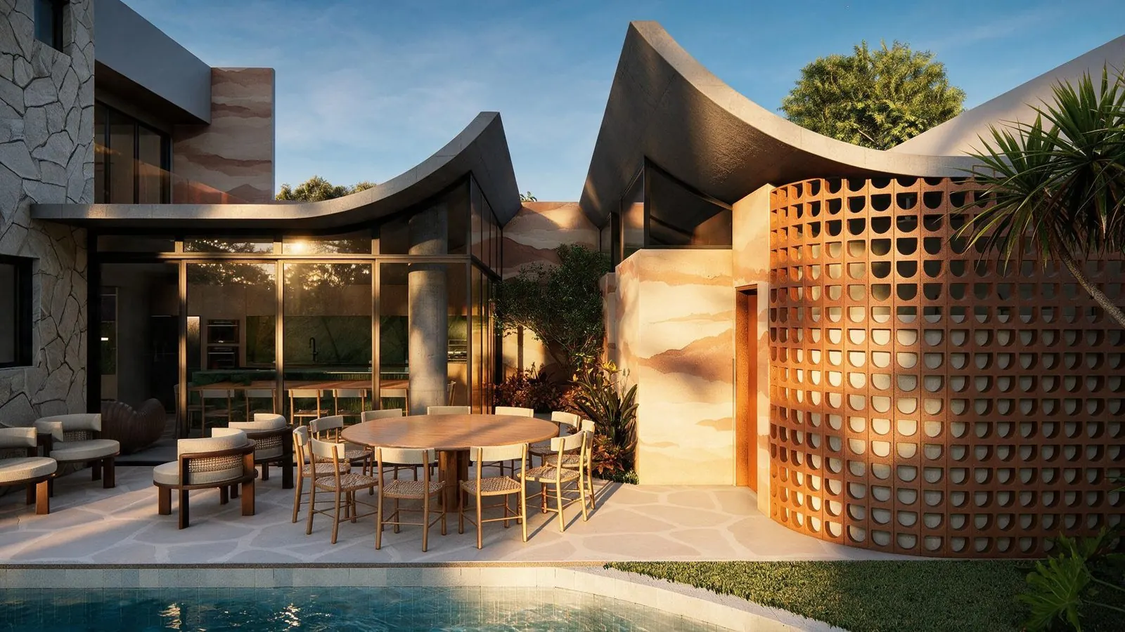 Casa Pouso, área de lazer com cobertura curva e cobogó